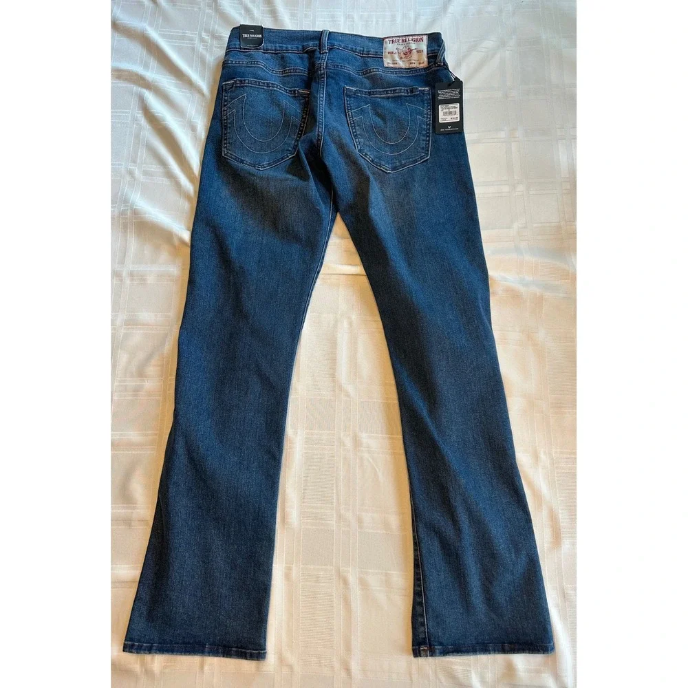 True Religion Jeans Mens 32 Blue Ricky Relaxed Straight Distressed Repair New